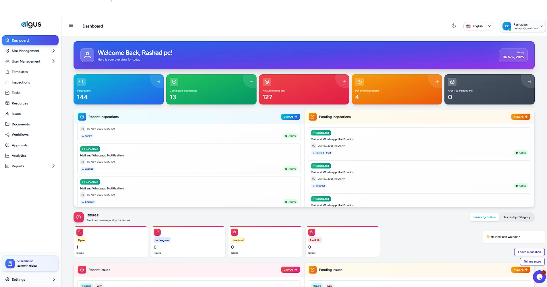 Algus operational excellence platform dashboard interface showing Dashboard, Site Management, User Management, Templates, Inspections, Tasks, Resources, Issues, Documents, Workflows, Approvals, Analytics, and Reports modules with key metrics, recent inspections, pending inspections, and issues tracking